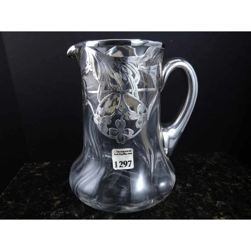 c1900 Art Nouveau Sterling Silver Overlay Art glass Juice Pitcher
